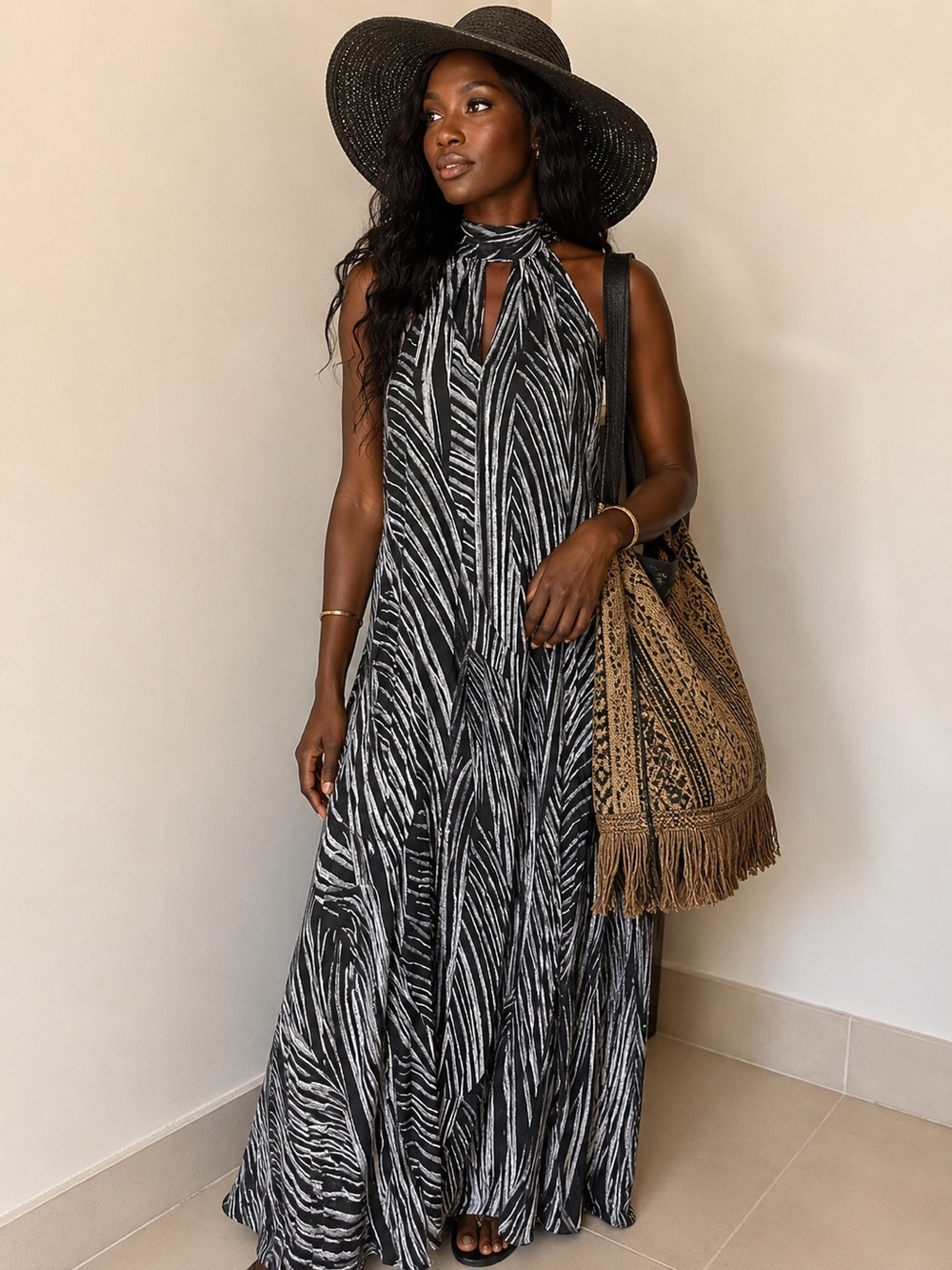 INC International Concepts Black & White Halter Flowy Maxi Dress | Size M